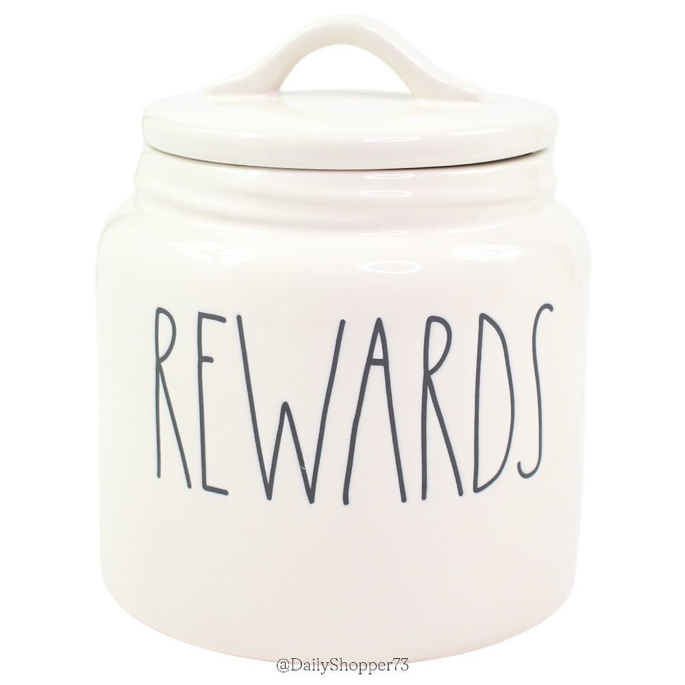 Rae Dunn "Rewards" Rustic Off-White Glazed Ceramic Airtight Pet Treat Canister
